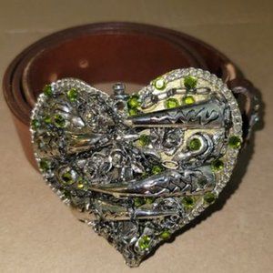 I.V.Y. Vintage Brown Leather Heart Green Rhinestone Buckle Belt  Size 34